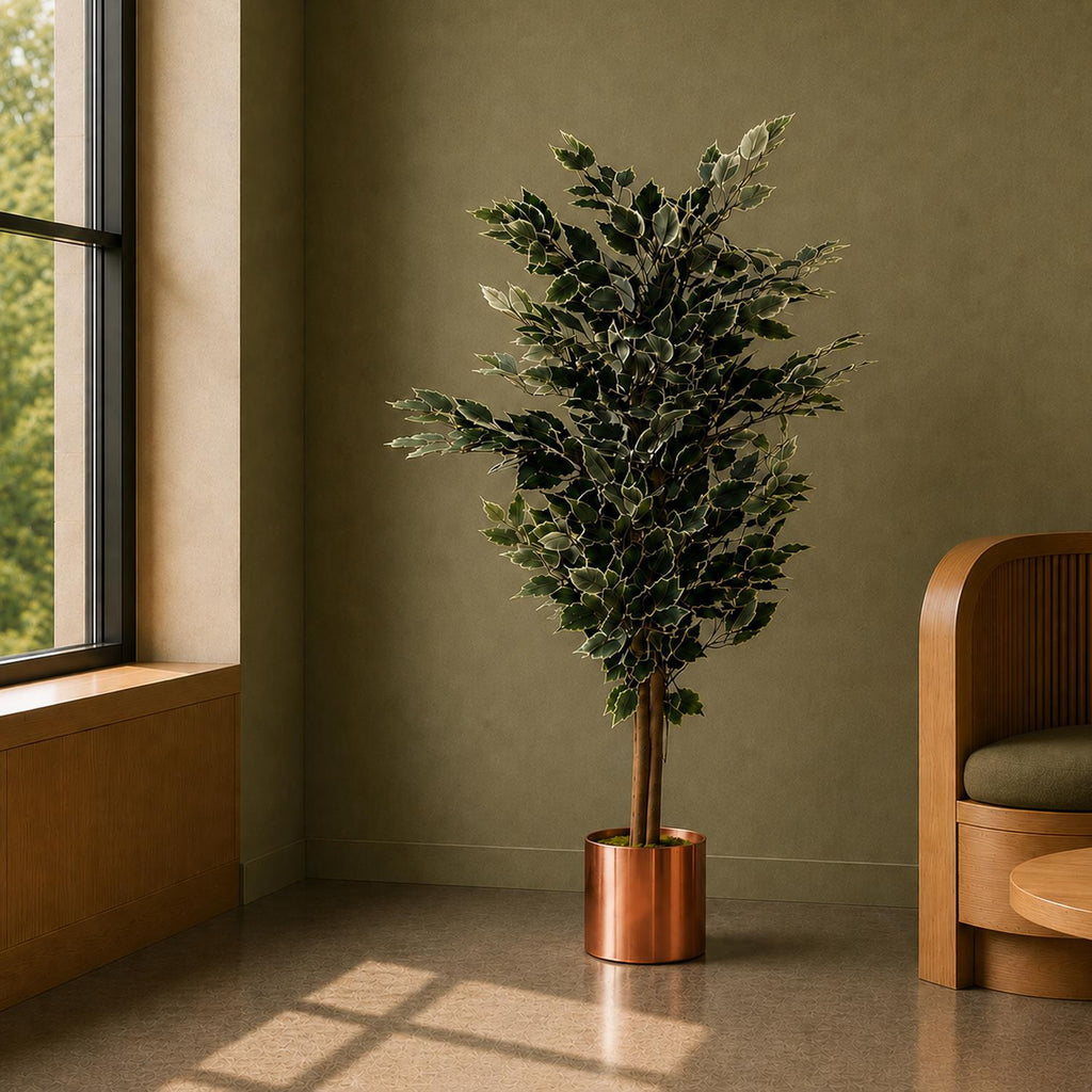 Artificial Ficus Tree Plant White Edge Bushy 130cm Plants Leaf Copper Metal Planter
