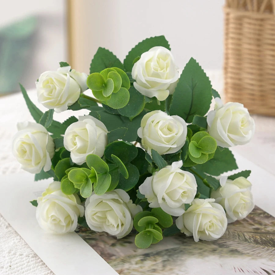 Artificial Flower Vase Bouquet — Eucalyptus, Roses & Silk Blooms