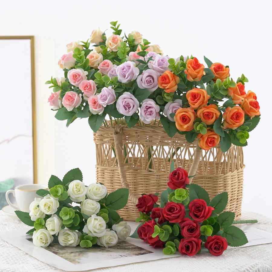 Artificial Flower Vase Bouquet — Eucalyptus, Roses & Silk Blooms