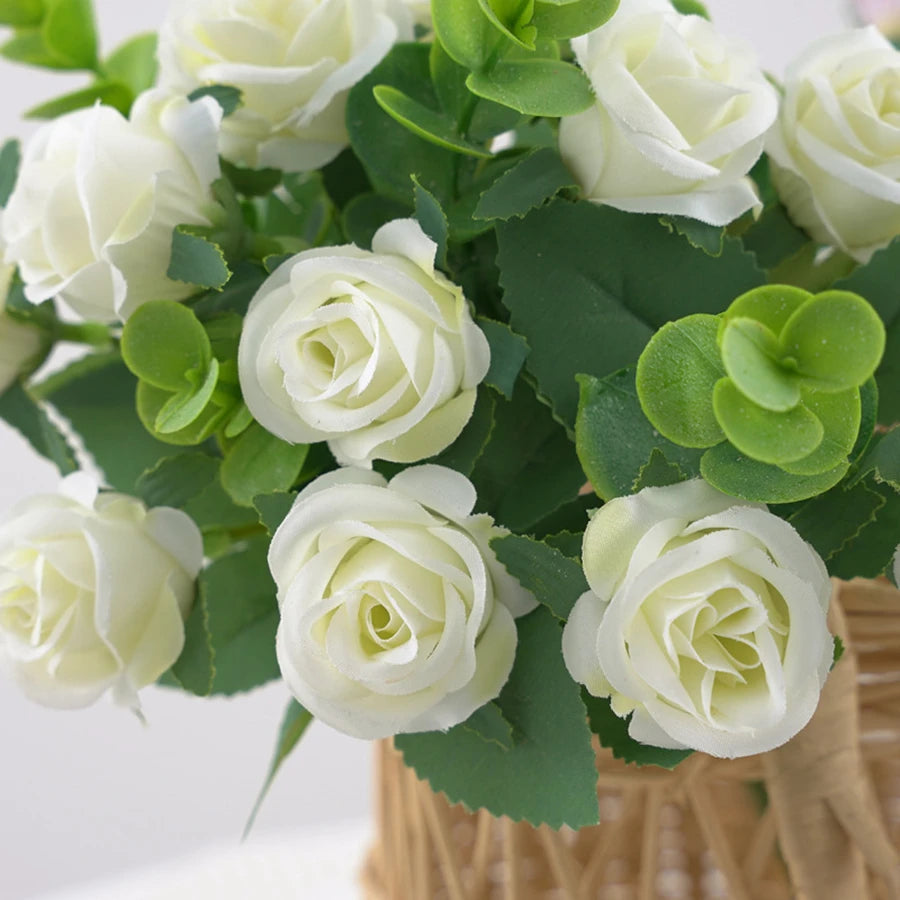 Artificial Flower Vase Bouquet — Eucalyptus, Roses & Silk Blooms