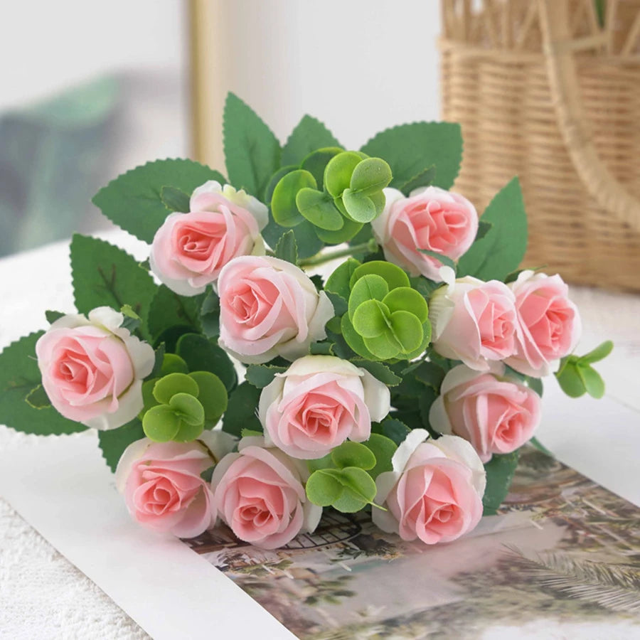 Artificial Flower Vase Bouquet — Eucalyptus, Roses & Silk Blooms