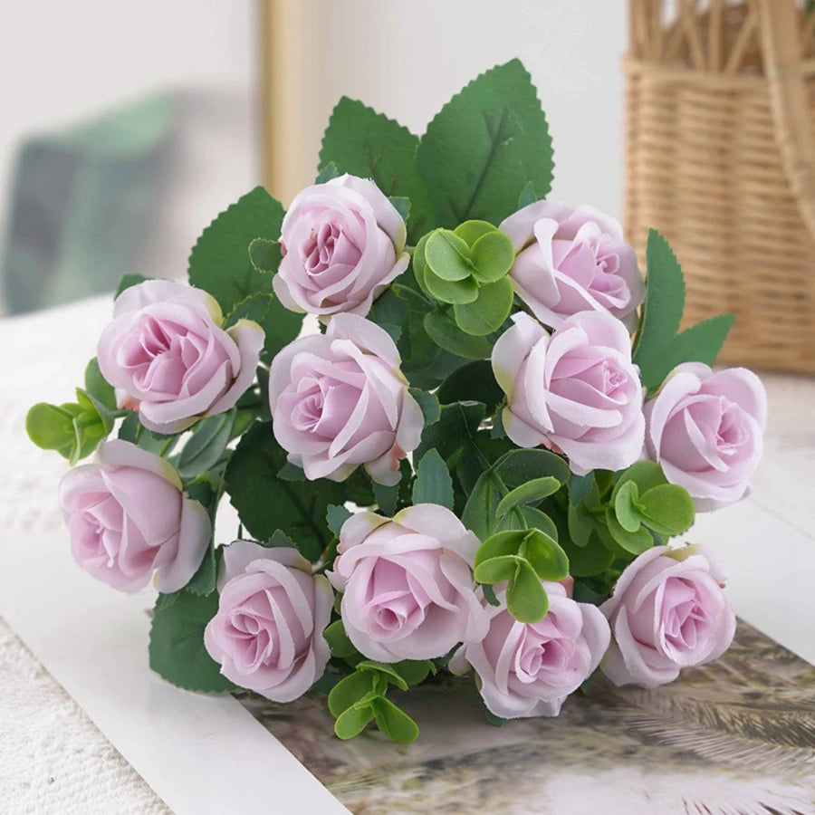 Artificial Flower Vase Bouquet — Eucalyptus, Roses & Silk Blooms