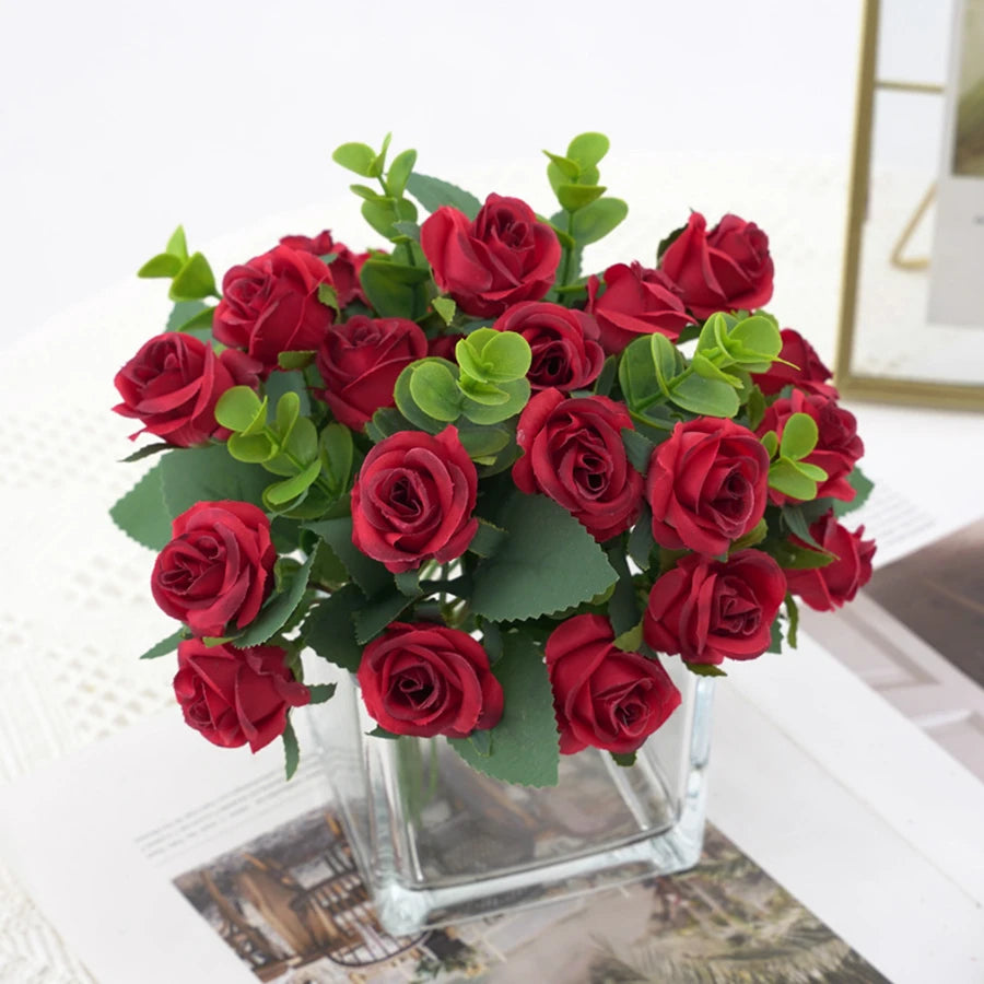 Artificial Flower Vase Bouquet — Eucalyptus, Roses & Silk Blooms