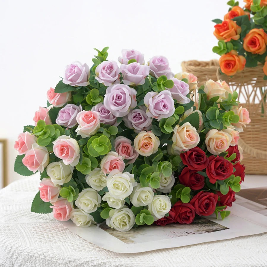 Artificial Flower Vase Bouquet — Eucalyptus, Roses & Silk Blooms