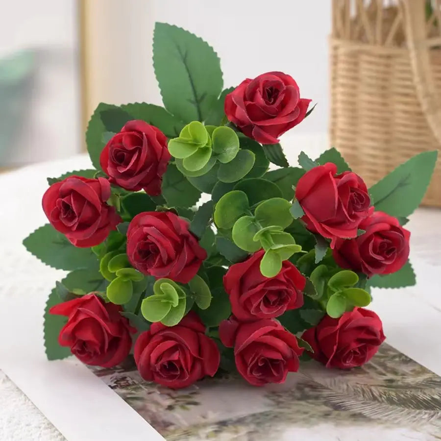 Artificial Flower Vase Bouquet — Eucalyptus, Roses & Silk Blooms