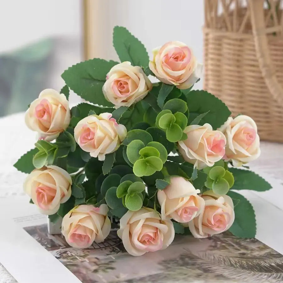 Artificial Flower Vase Bouquet — Eucalyptus, Roses & Silk Blooms